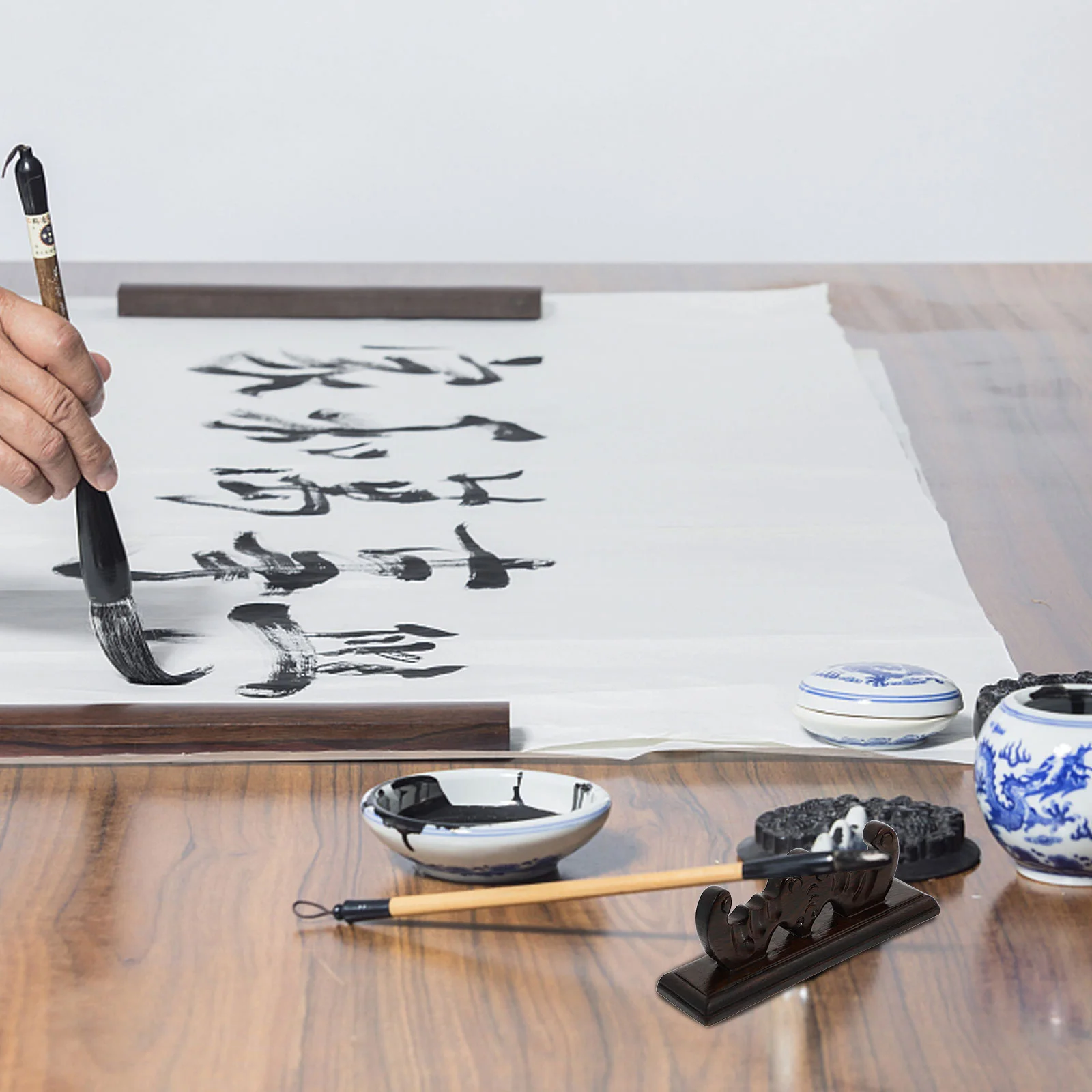 

1Pcs Wood Chinese Brush Rack Polished Calligraphy Pen Holder Multi-Functional Ink Brush Stand Desktop Ornament