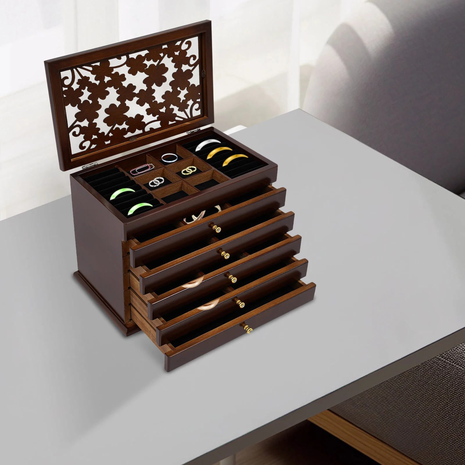 

6 Tiers Jewelry Storage Vintage Box/Case Wooden Jewelry Organizer/Collectionused to Store Rings, Bracelets, Necklaces Walnut
