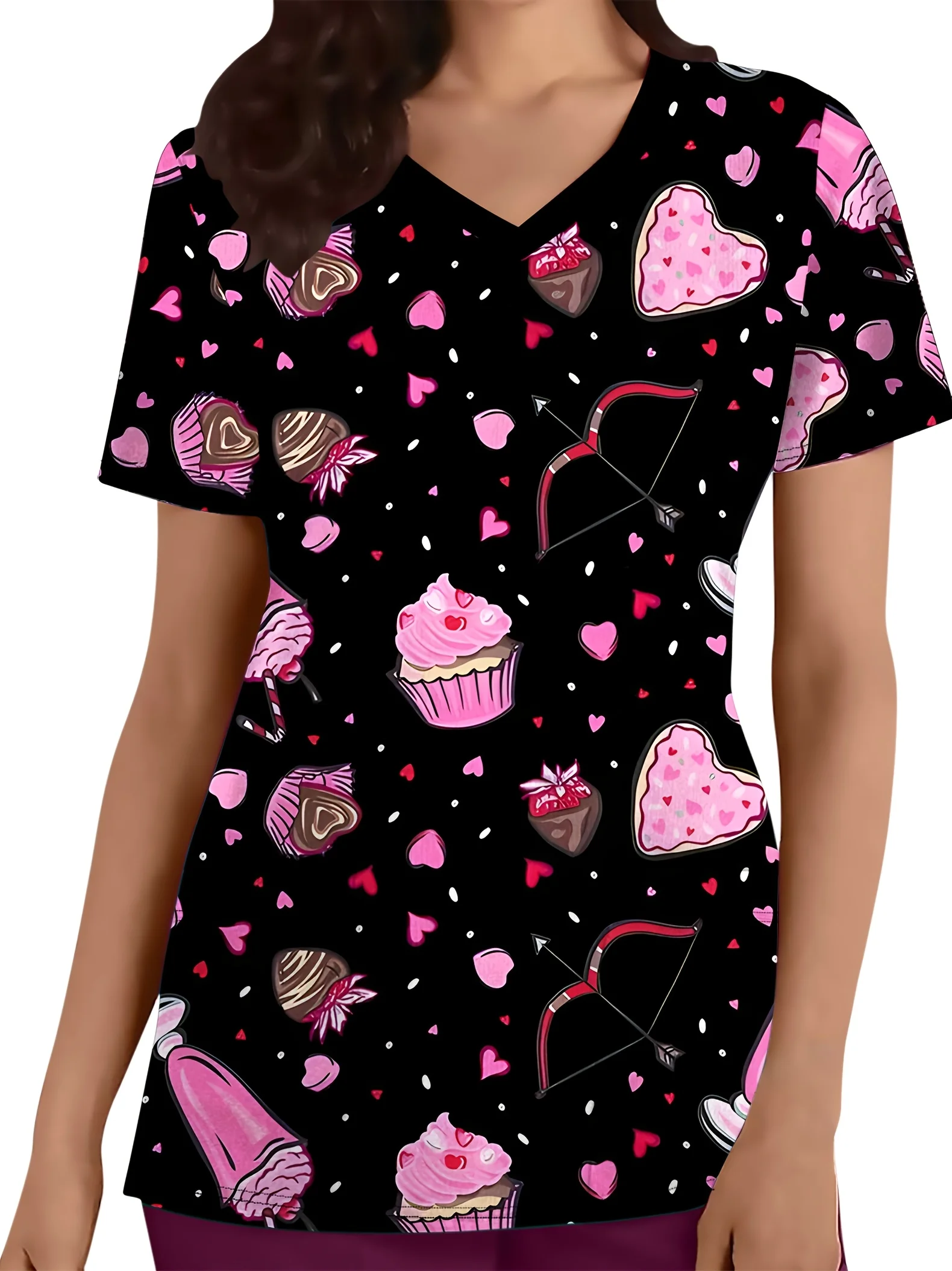 Haut extensible à manches courtes et col en v, imprimé mignon, uniforme de santé d'infirmière confortable et pratique, haut d'uniforme féminin à la mode