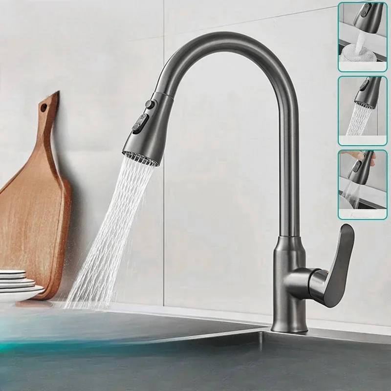 

Multifunctional Stream Sprayer Pull Out Kitchen Sink Faucet Alloy Single Handle 360 Degree Rotation Hot Cold Water Mixer Tap
