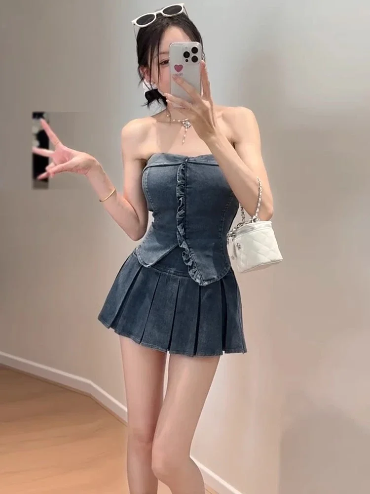 

Spicy Girl Pure Desire Denim Set Slimming ter Top Women's Skirt Ele High Waist ort Skirt Two Piece Set Cotton Material