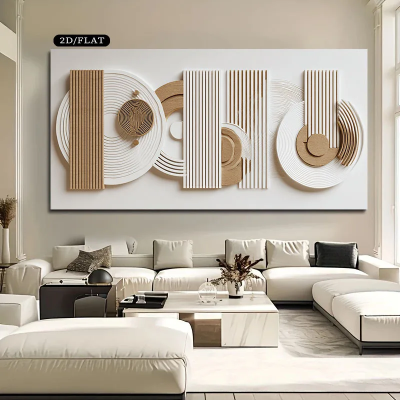 Übergroßes modernes geometrisches Leinwand-Leinwanddruck in Beige und Weiß, abstraktes geometrisches Bauhaus-Wandkunst-Poster für moderne Heimdekoration