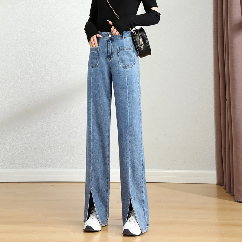 

Front Slit Jeans Women Split Straight-leg Pants Spring Cotton Wide Leg Pants Trousers High Waist Loose Drape Long Design Sense