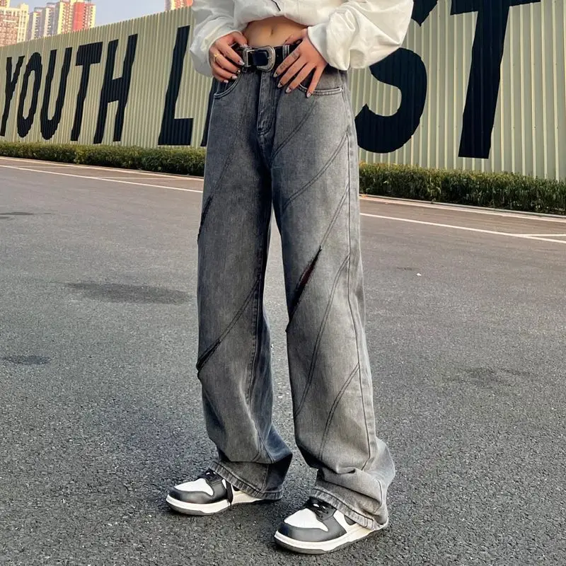 

American Street Hole Design Denim Men Vintage Retro Straight Pants 2023 Spring High Waist Wide Leg Jeans New Denim Trousers A63