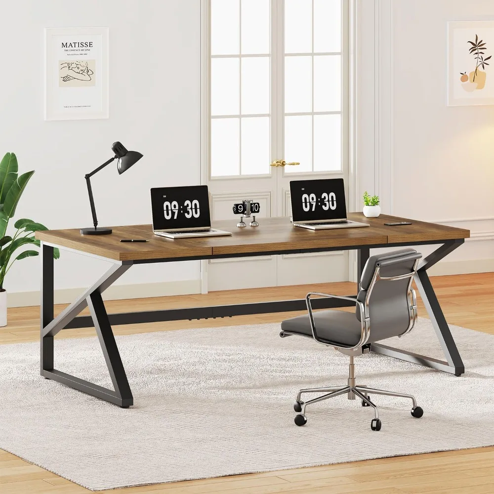 

Large Computer Desk, Rustic 70 Inch Long Home Office Metal Wood Desk, Industrial Big 2 Person Table for Executive Writing Study