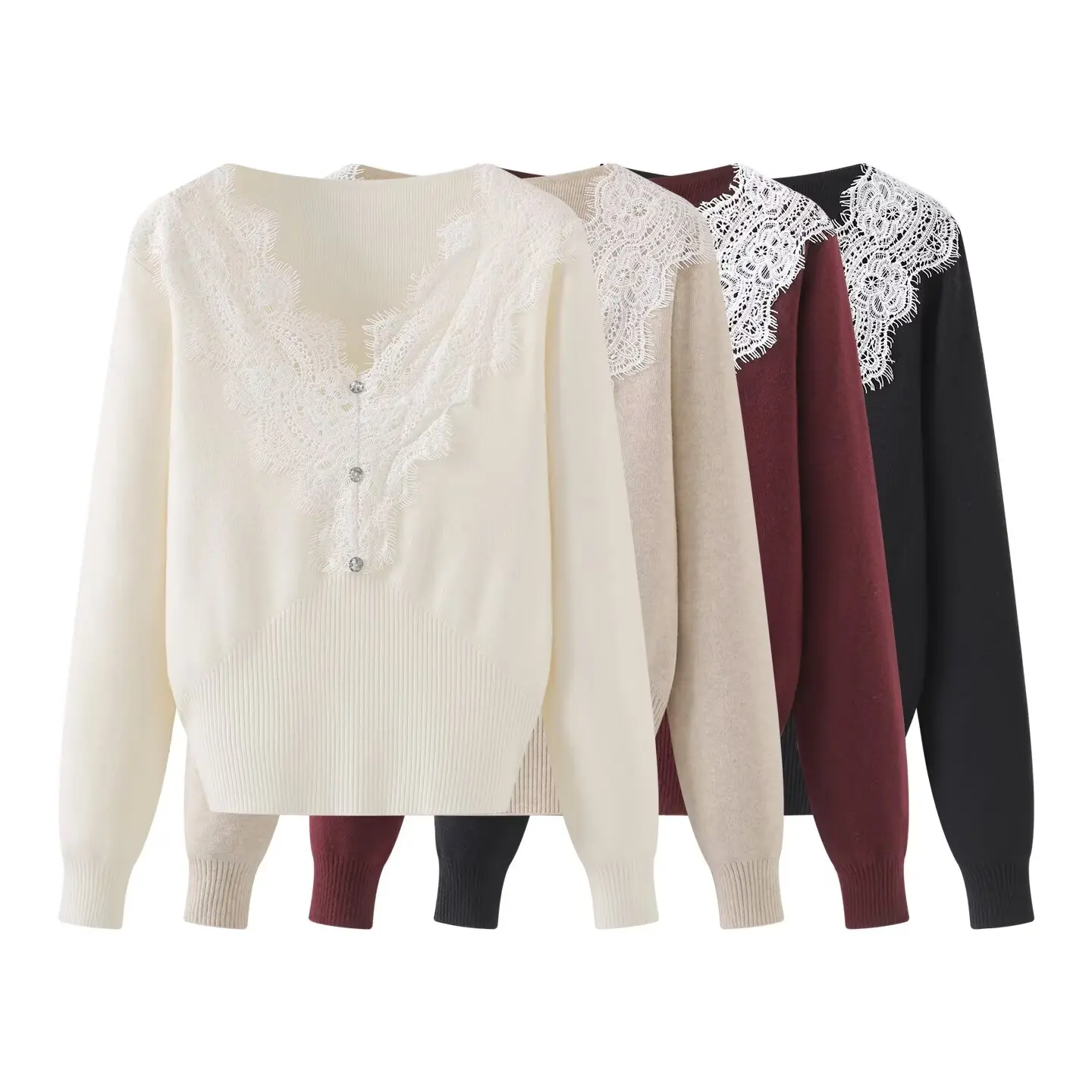 

Корейский вязаный свитер с v-образным вырезом и кружевом, осенний новый милый утягивающий универсальный женский вязаный свитер, обычный S...