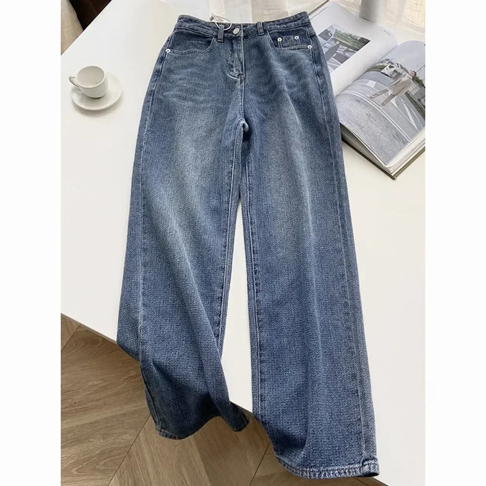 Jeans Women Wide Leg Pants Denim High Waist Zipper Fly Vintage Pockets Button Floor Length Trousers Straight Casual Denims