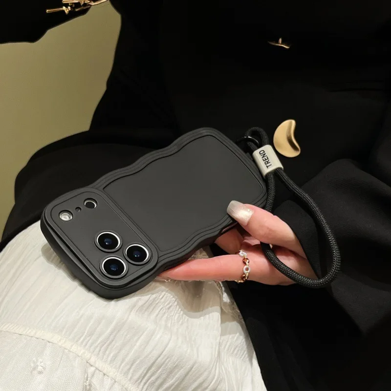 

JTW Luxury matte Solid Color wavy edge Portable lanyard case For iPhone 17 Pro Max 16 PM 15 14 Simple skin-friendly soft cover