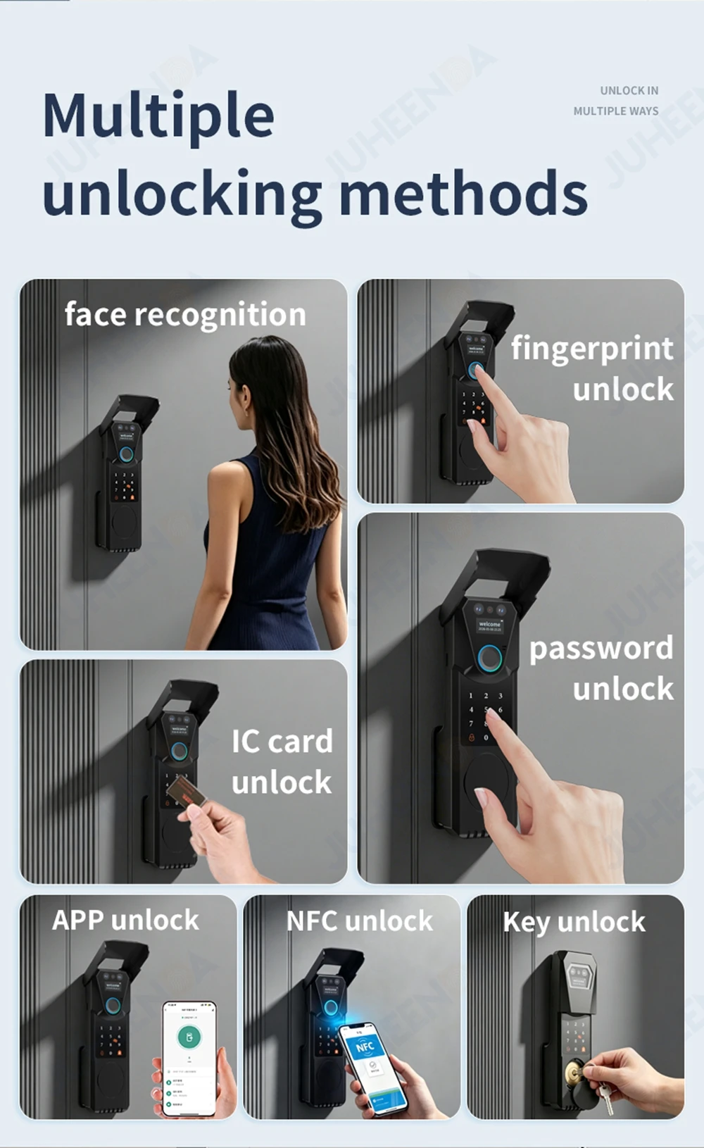 Wasserdichtes Tuya Smart Fingerabdruck-Torschloss für den Außenbereich mit Gesichtserkennung, Türklingel, Video-Gegensprechanlage, RFID-Karte und digitalem Codezugang – Detail 3