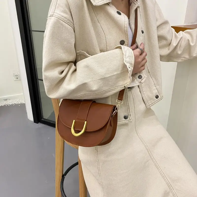 Retro Solid Color PU Leather Women\'s Fashion Exquisite Shopping Bag Handbags Shoulder Crossbody Bags Vintage Women Saddle Bag