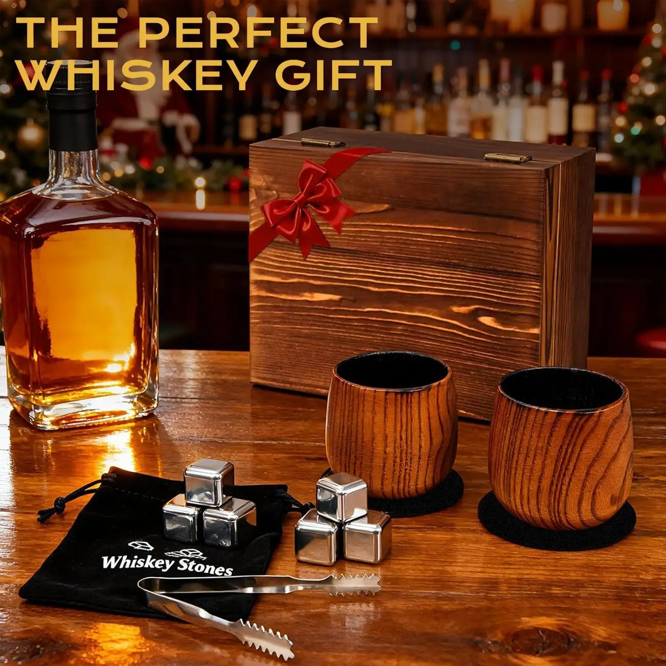 Whiskey wooden wine glass set wooden box ice wine stone  set high-end double  glass gift box set
