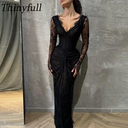 Thinyfull Mermaid Lace Evening Party Dress V-Neck Full Sleeves Black Prom Dresses Long Formal Occasion Gowns Customized
