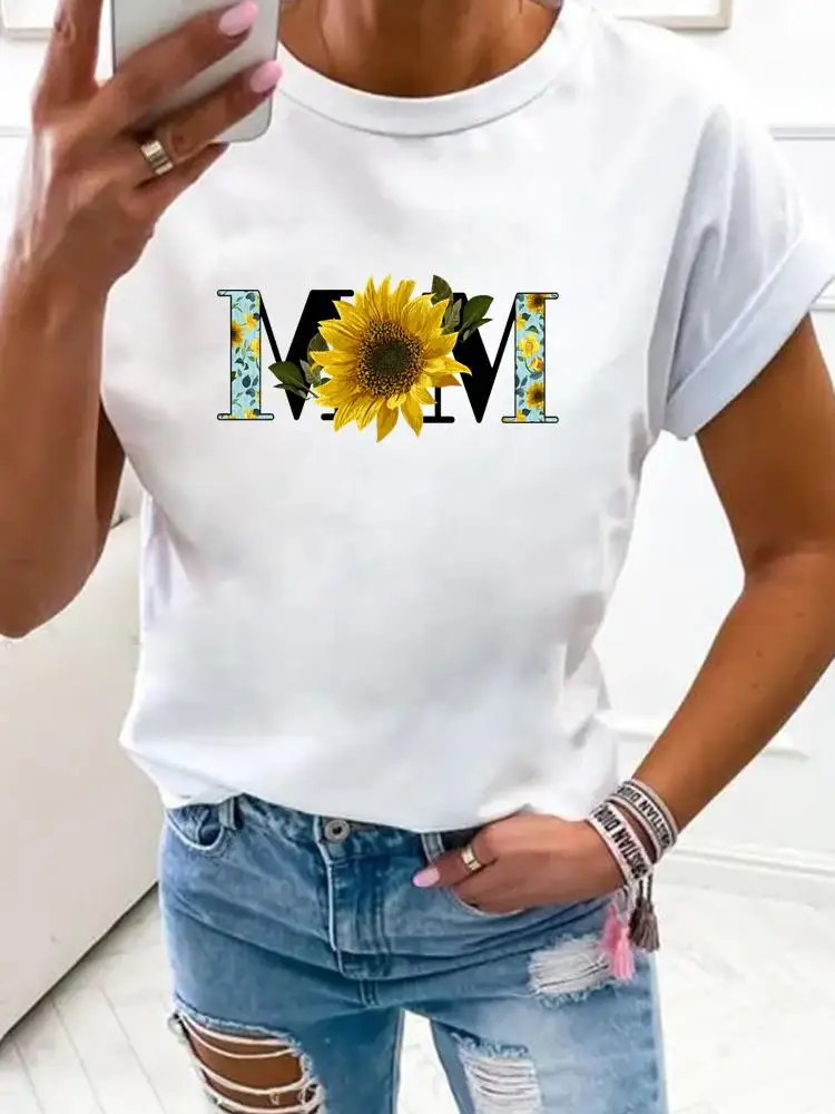 

Flower Mom Letter Trend Women Fashion Clothes Print T Shirt Clothing Summer Basic Top Short Sleeve Tee Graphic T-shirts