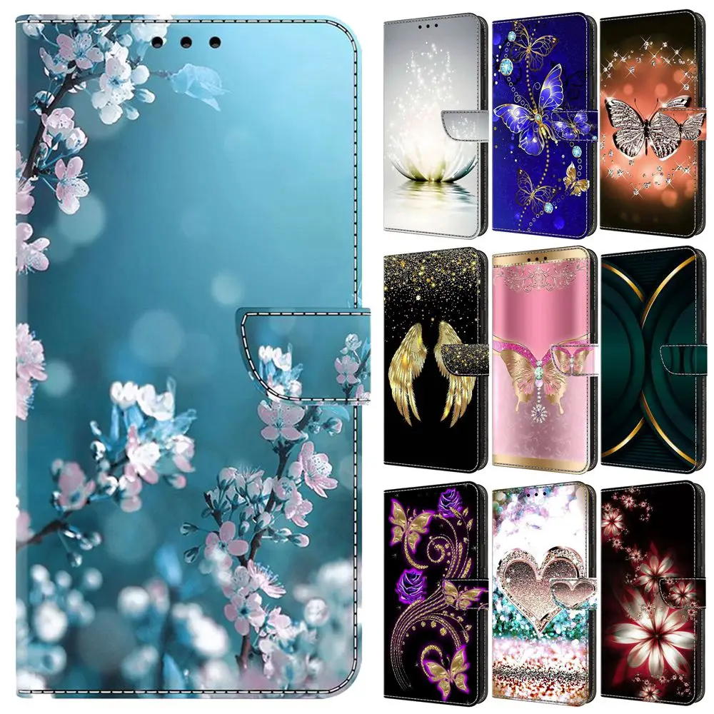 Leather Flip Case for Funda Xiaomi Redmi Note 12 11 11S 10 10S 9 9S 8 Pro 8T Cases Painted Butterfly Flower Wallet Phone Cover