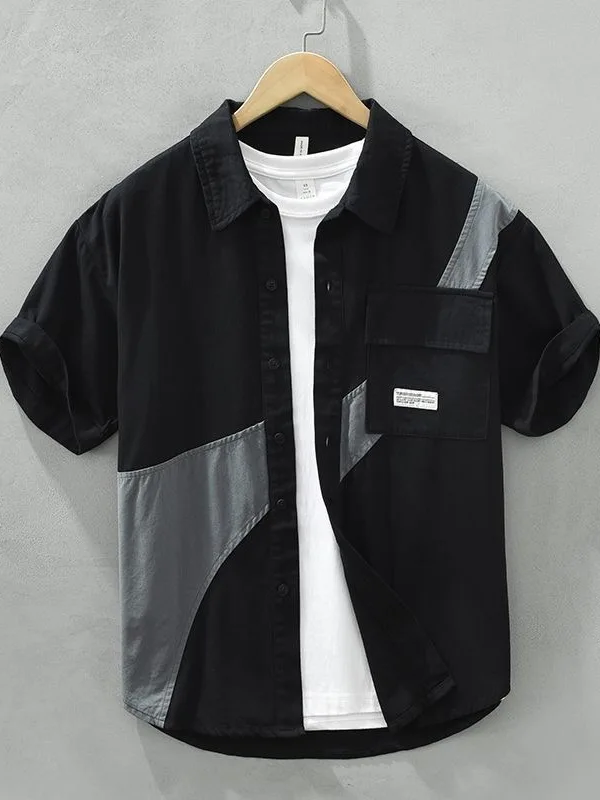 Loose Fit Ice Silk Short Sleeve Shirt Men's Summer Casual Style Color Block Design Breathable Lightweight Fashionable Top