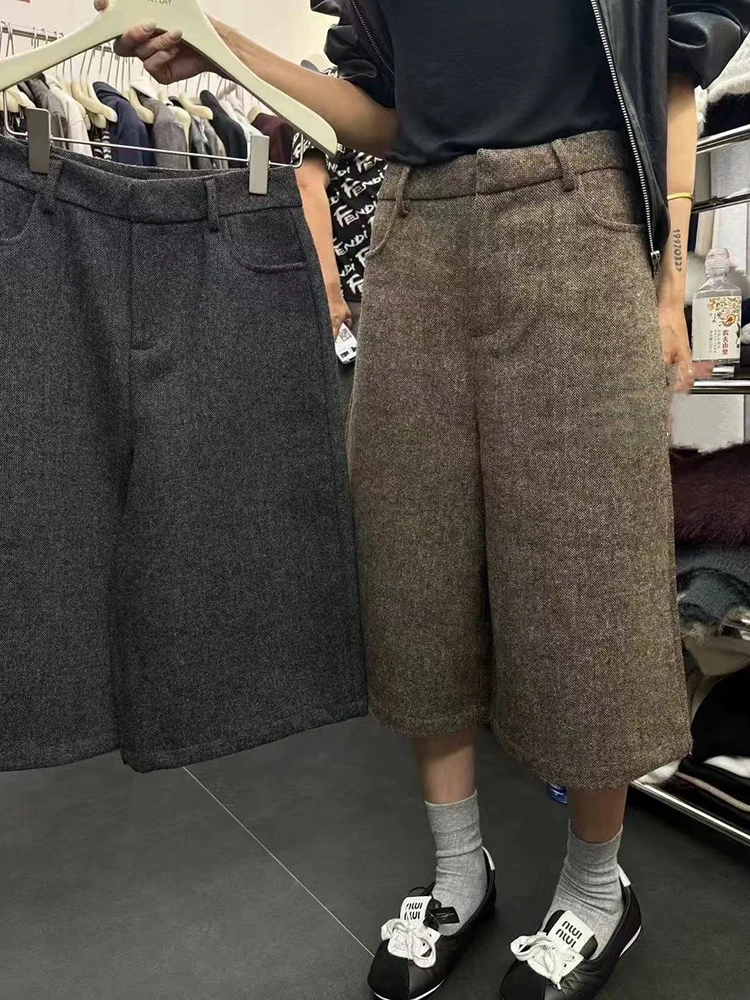 

High Waist Faux Fur Calf Length Pants Women Y2K Fall Loose Streetwear Patchwork Wide Leg Pants Japanese Casual Straight Trousers