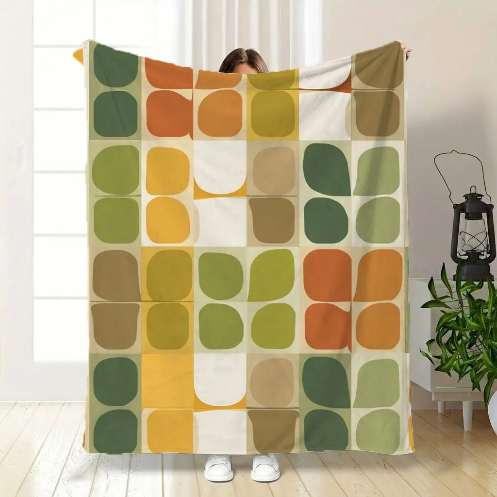 Mid Century Geometric Block Retro Color Tile Print Flannel Throw Blanket, Soft Warm Sofa Cover,Decor Gift Bedroom Daily Rest Use