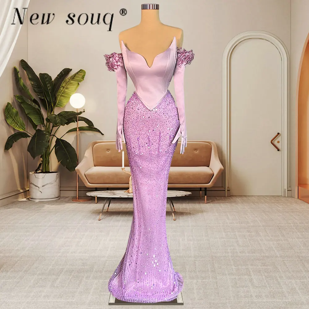 

Light Purple Elegant Mermaid Evening Dresses with Gloves Simple Formal Night Wedding Party Dress Women Senior Bridesmaid Gowns