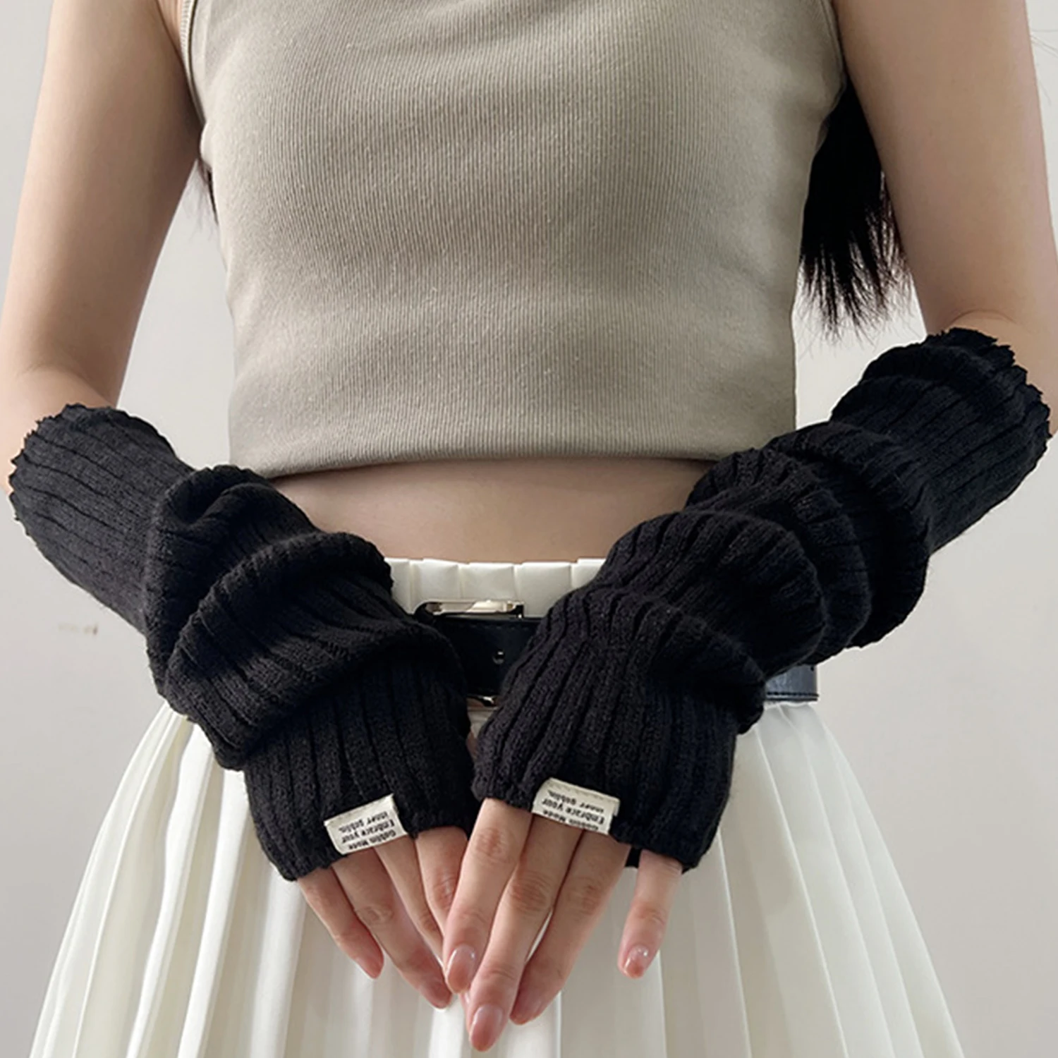 2024 New 42cm Women Knit Arm Sleeves Japanese White Black Goth Kawaii Long Fingerless Gloves for Girls Harajuku Accessories