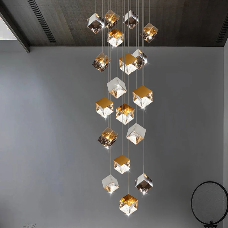 โคมไฟเพดานทรงสี่เหลี่ยมแบบโมเดิร์นสไตล์นอร์ดิก ทำจากแก้วทำมือ สีทองเงิน ปรับระดับได้ เหมาะสำหรับตกแต่งวิลล่าและโรงแรม