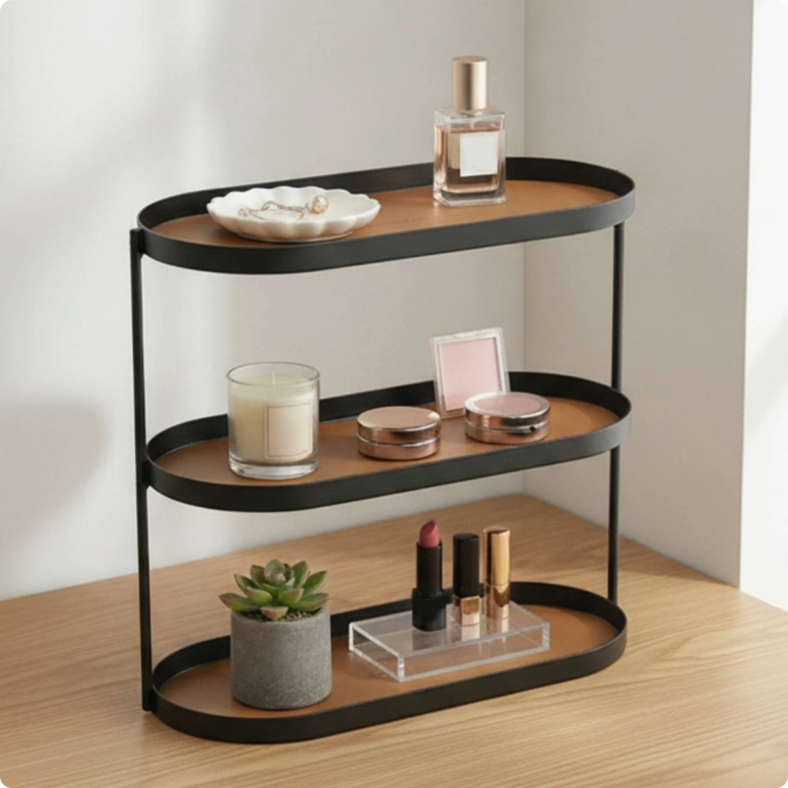 Oval Tabletop Rack with Leather Shelves Slim 3-Tier Organizer with Leather Shelves 3-Tier Storage Rack Compact for Vanity