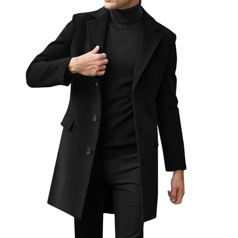 Men Single Breasted Wool Blend Long Coat Notched Lapel Mid Length Overcoat Slim Fit Business Formal Warm Casual Trench Jacket
