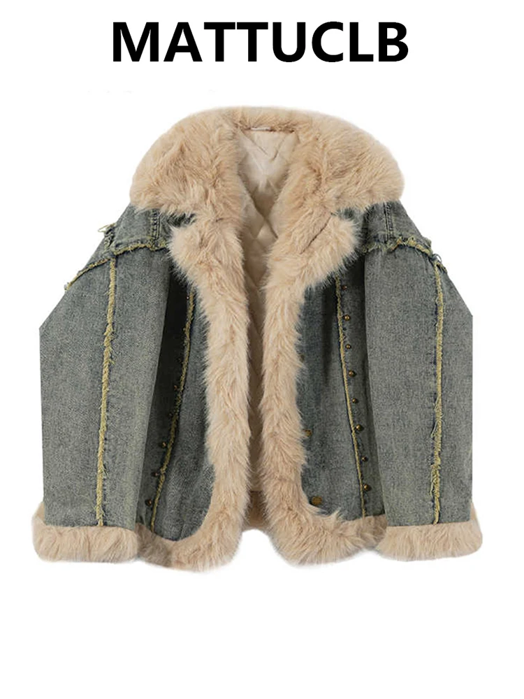 

Winter Women's Denim Jacket Korean Fashion 2000s Y2k Designer Oversize Faux Fur Coat Thick Cowboy Outwear Punk Style Tide New