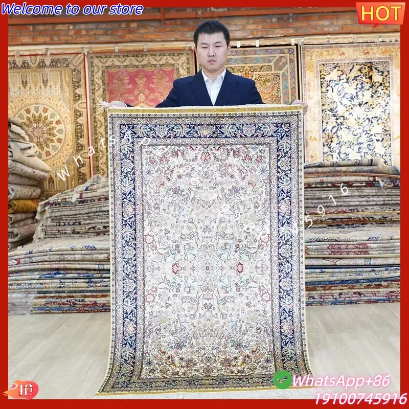 CECertificate 91x152cm Turkish Handmade Silk Persian Rug Floral Pattern Stain Resistant & Non-Slip for Home Use