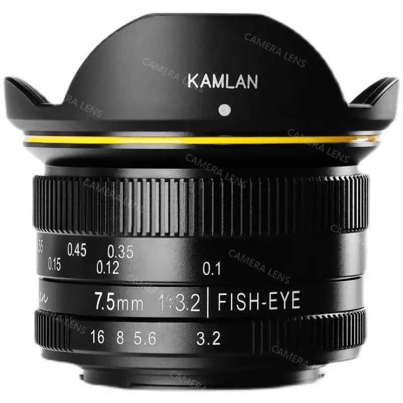 Kamlan 7.5mm F3.2 Prime Lens for Mirroless Camera Wide-Angle Portrait Fisheye Manual Focus Frame M43