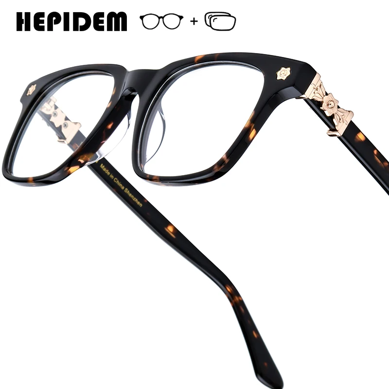 HEPIDEM Progressive Prescription Glasses Anti Blue Myopia Optical Lens Chrome Eyewear Men Acetate Square Eyeglasses Frame 9395
