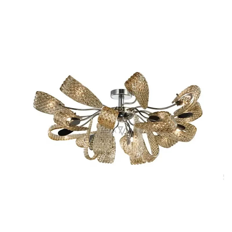 Luxury Floral Art Glass Ceiling Lamp Metal Frame Flower Shape Chandelier for Villa Living Room Interior Decoration