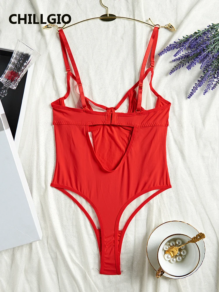 CHILLGIO One Piece  Red Transparent Romper Push Up Bodycon Open Back Jumpsuit Sleepwear for Women and Sexy Pornographic Bodysuit