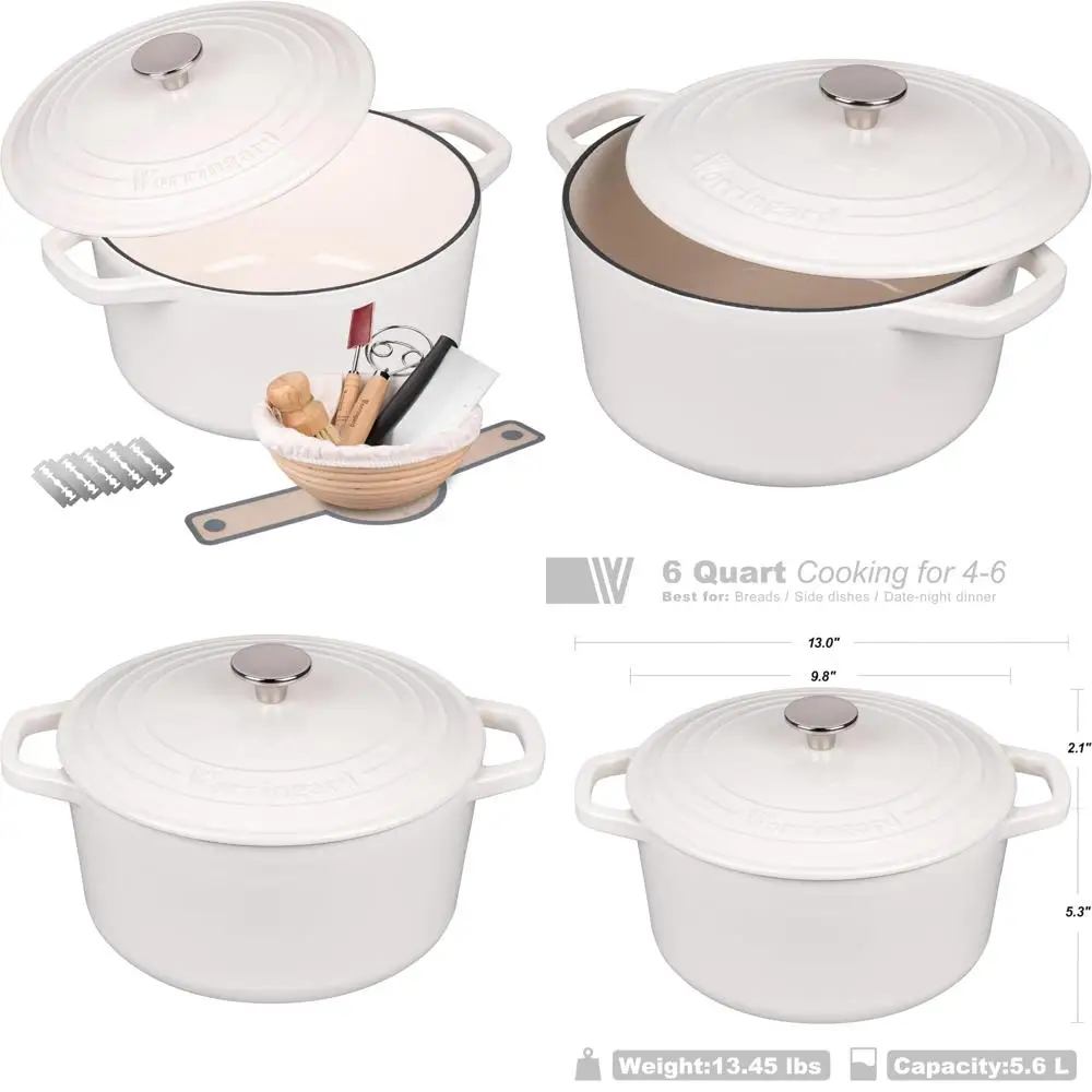 

6 Quart Enamel Cast Iron Dutch Oven Pot with Lid for Bread Baking, Including Sourdough Bread Baking Supplies Set, Perfect for Ro