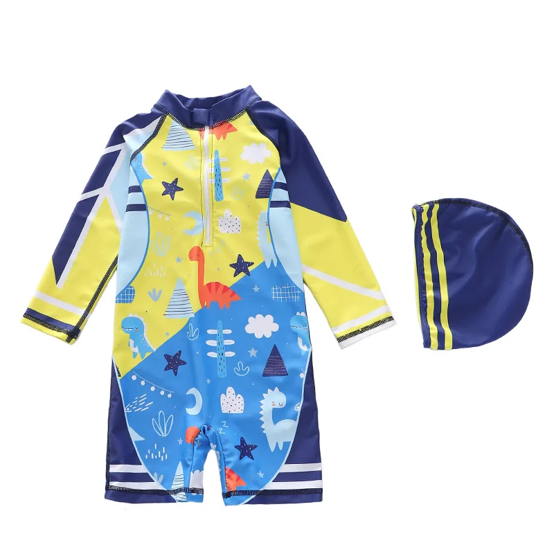 

HappyFlute Boy Fashion Dinosour Prints Long Sleeve With Swimming Cap Sunscreen Seaside Surfing Suit