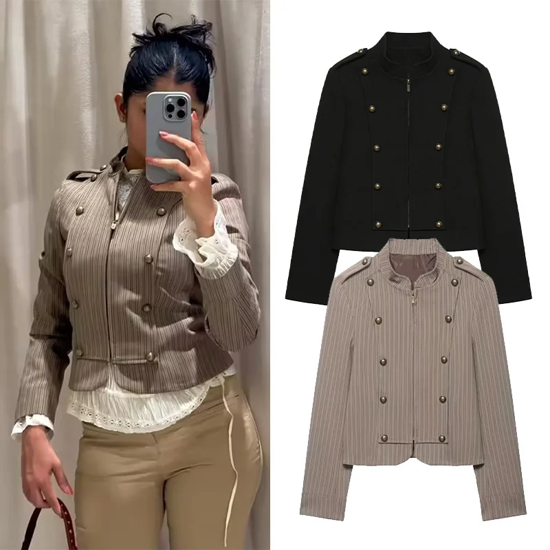 

Women's Striped Fitted Blazer New Spring O Neck Shoulder Pads Women Blazer Double Breaster Female Chic Coats