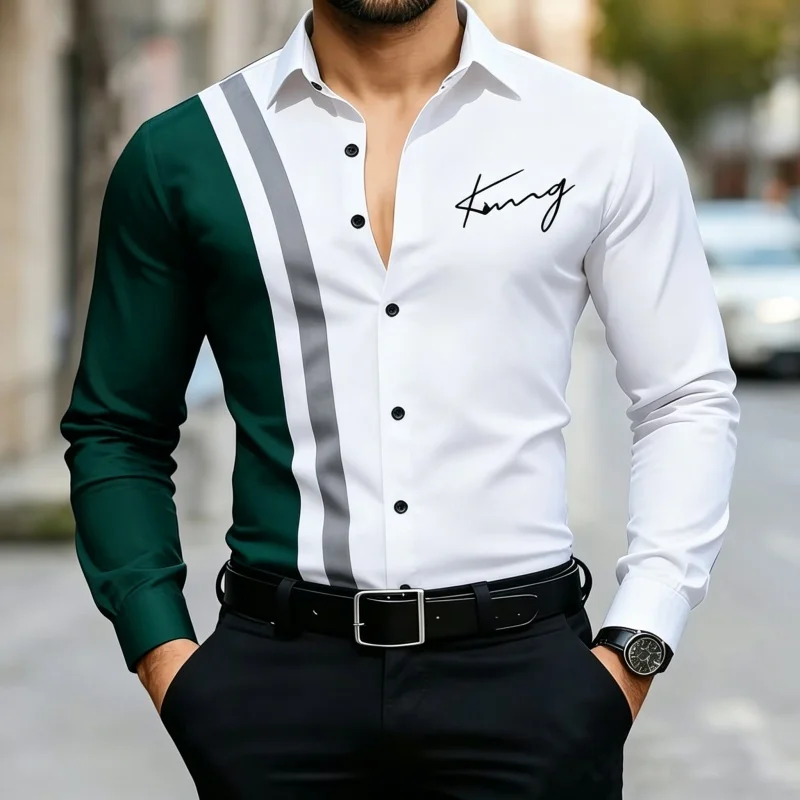 Men's Contrasting Vertical Stripe Splicing Long Sleeved Formal Shirt  Light Luxury King Letter Embroidery Lapel Button Shirt