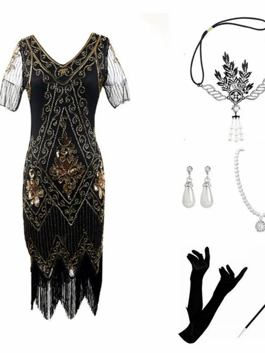 فستان مثير مزين بالترتر والشراشيب لحفلات الهالوين، زي غاتسبي بطراز عشرينيات القرن الماضي، فستان سهرة بأكمام قصيرة للمناسبات ا... #3