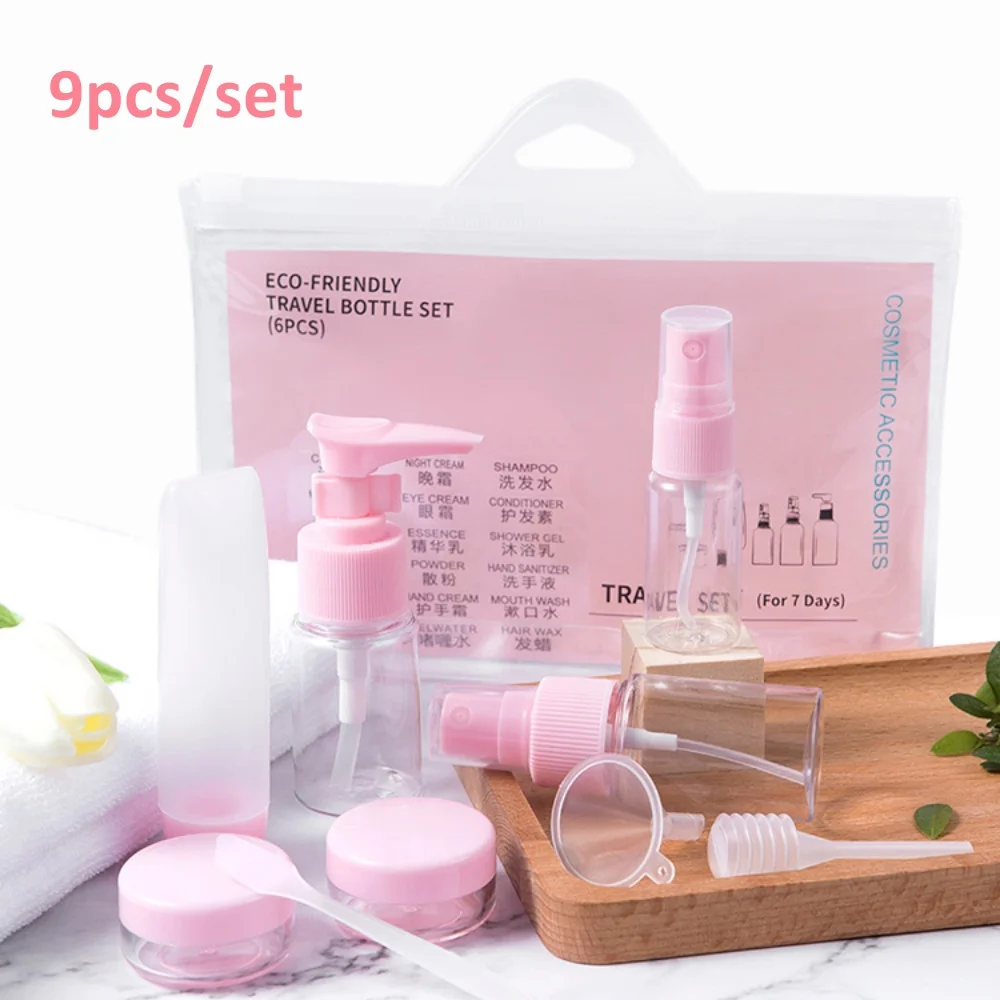 9 teile/satz Reise Flaschen Spray Flasche Lotion Leere Shampoo Flasche Mini Gesichts Creme Topf Transparent Behälter Reise Essentials