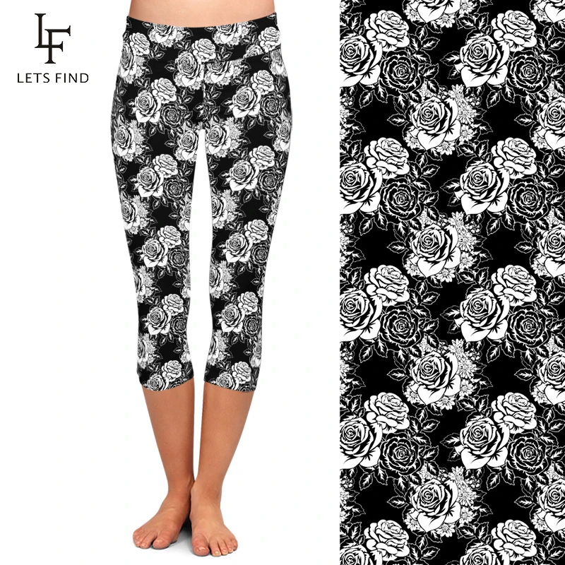 LETSFIND Summer Workout Black High Waist Leggings Rose Digital Printing Women Sexy Mid-Calf Leggings