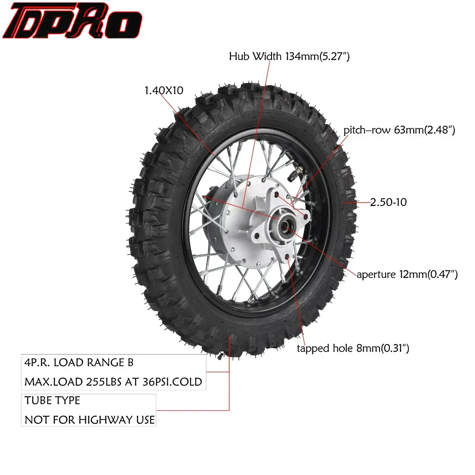 TDPRO 2,50-10 дюймов Барабанный тормоз Задняя задняя шина Обод колеса 1,4 x 10 с подшипником 12 мм для CRF50 XR50 Dirt Pit Bike Pit