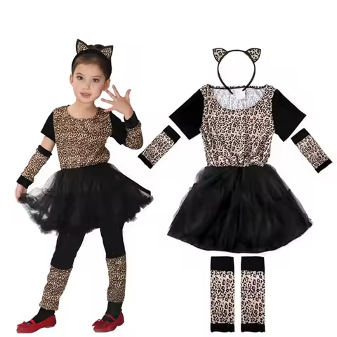 Funny Cute Cartoon Animal Girls Tigers Leopards Dress Birthday Costume for Girl Christmas Carnival Outfit Headband