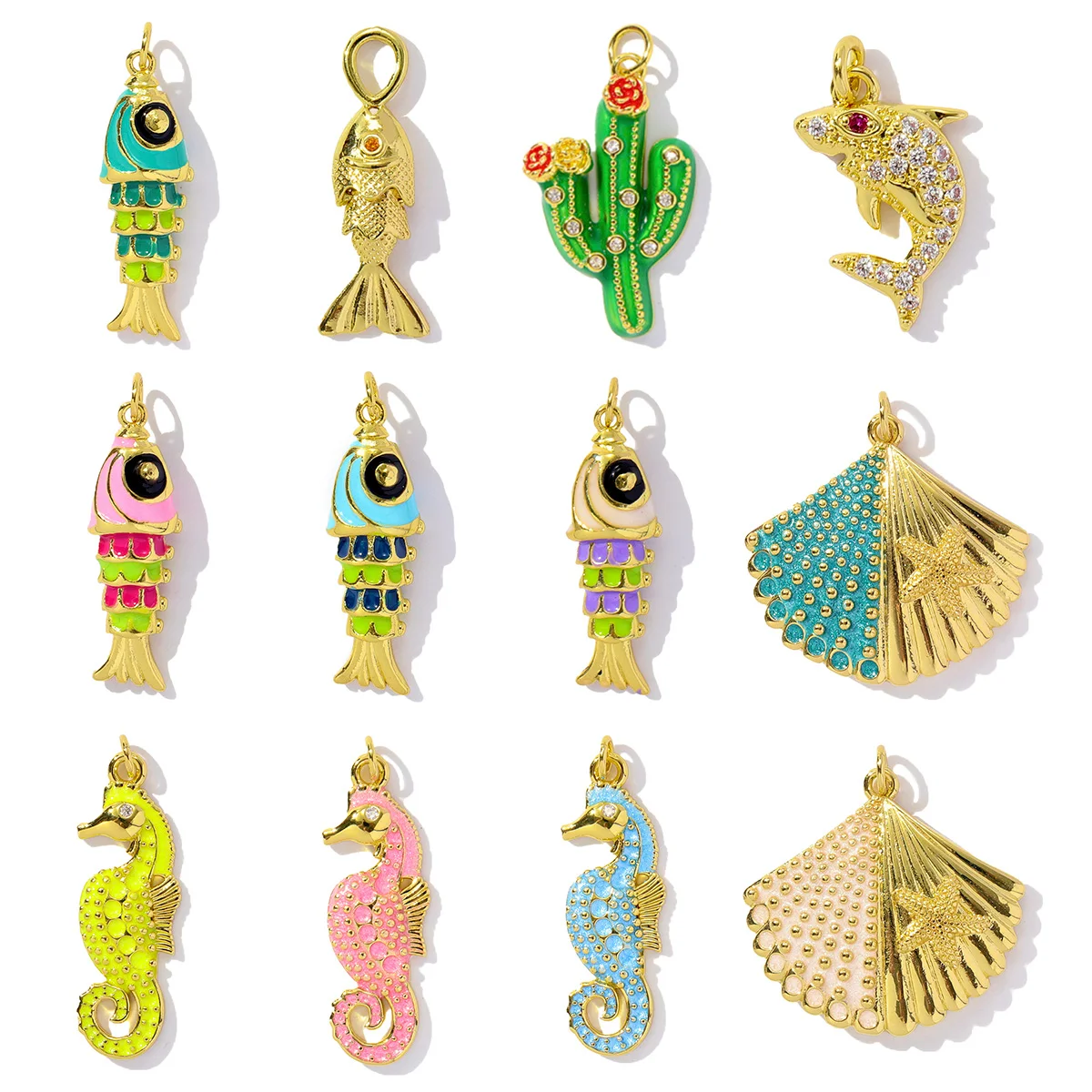 3 Stück/Set Großhandel Kupfer Zirkon Hai-Anhänger Emaille Kaktus Fisch Seepferdchen Muschel DIY Charms Ohrringe Herstellung Damenschmuck