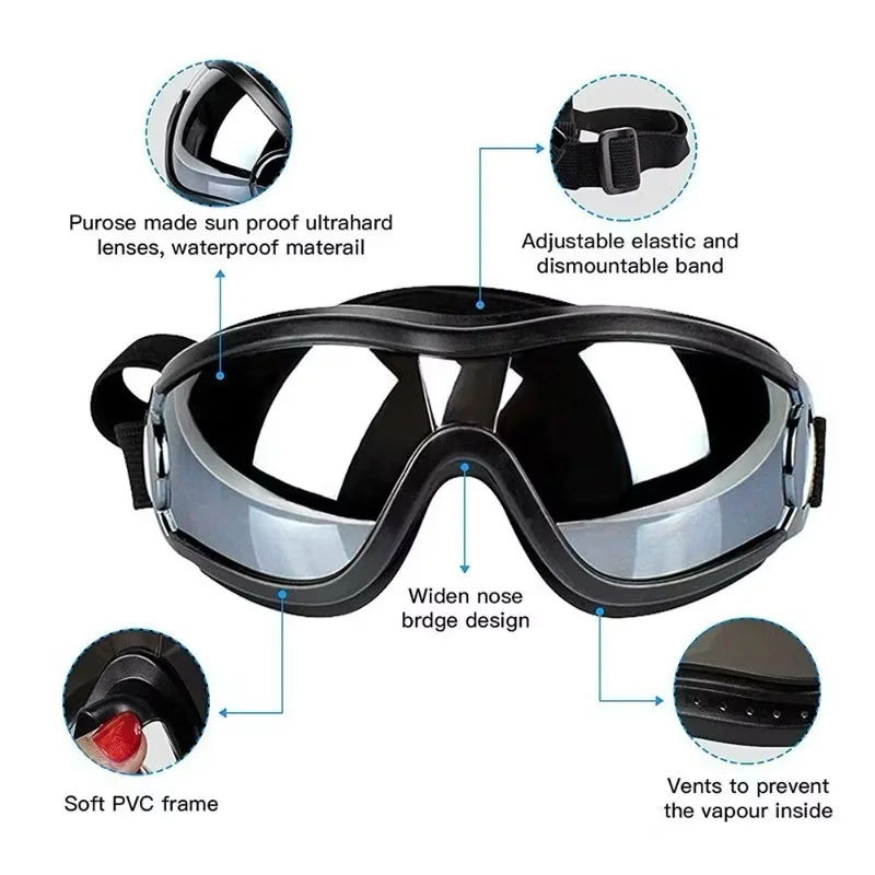 Adjustable Dog Goggles UV Protection Windproof Pet Sunglasses Head 32-56cm Protective Eyewear for Small Medium Dogs Cats