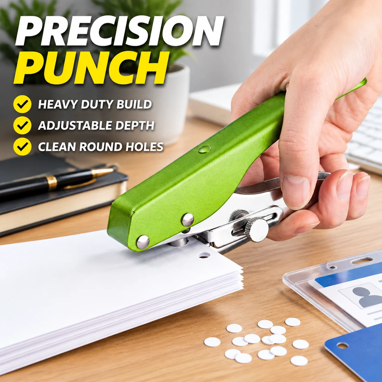 Heavy Duty Single Hole Paper Punch with Adjustable Depth Scale, Metal Professional Circle Punch for ID Card PVC DIY, 3mm 6mm