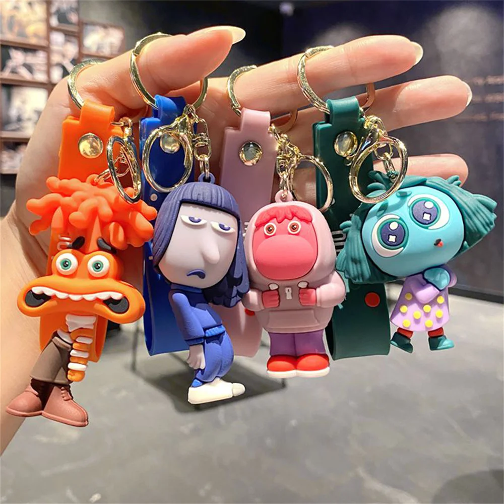 Disney Inside Out 2 Keychains Cartoon Joy Sadness Anger Disgust Fear Action Figures Dolls Key Rings Kawaii Pendants Kids Toys