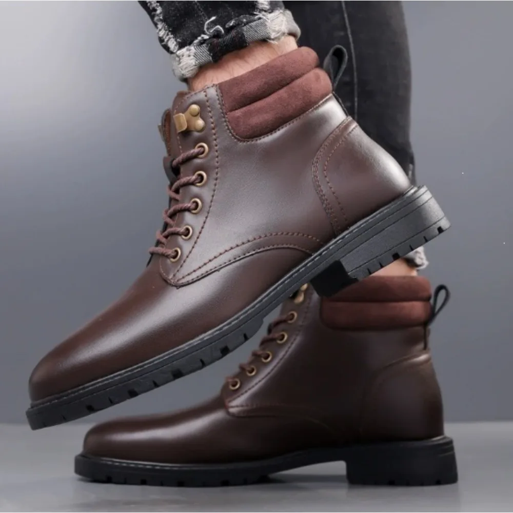 Mens Winter Snow Boots Cow Leather Ankle Boots Lace Up Anti Slip Shoes Fashion British Style Warm Boots For Outdoor Commute