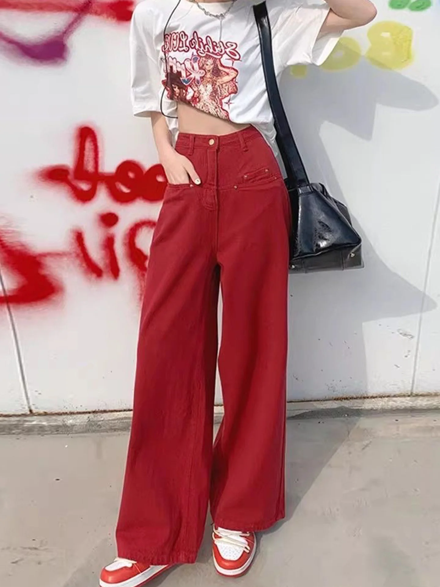 

High Waist Wide Leg Red Denim Jeans Women's Loose Straight Cut Long Pants Spring New Sle Slimming Drapey Floor-Length