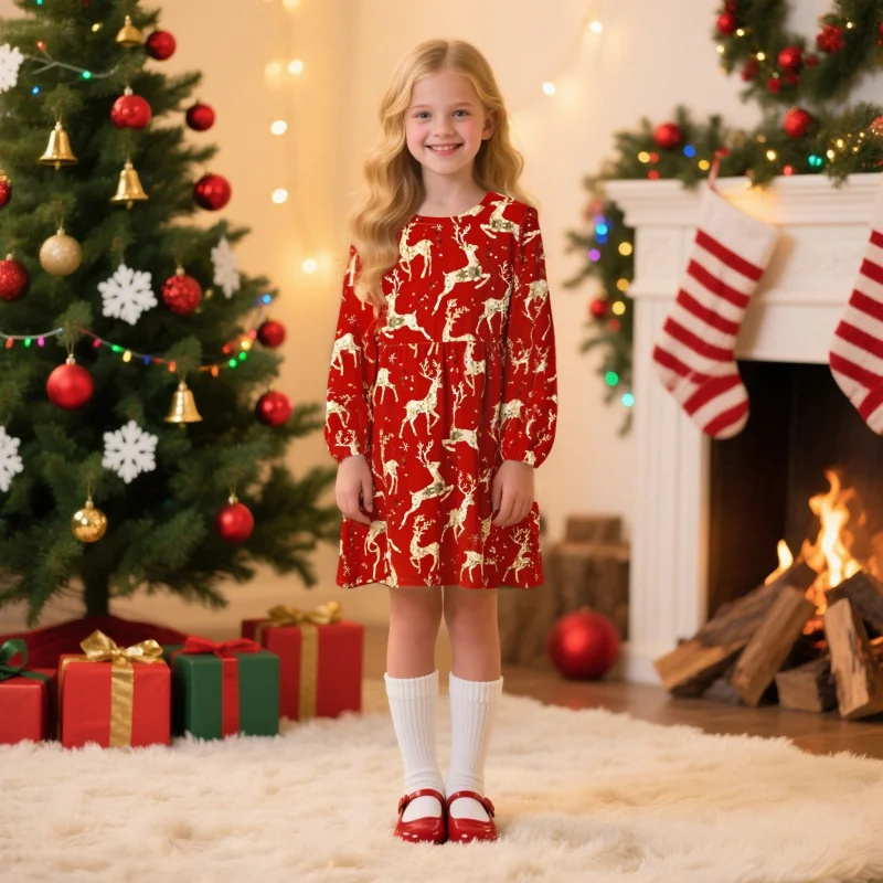 

2025 New Models Are on the Market - Girls' Christmas Elk Print, Children's Cute Casual Long - Sleeved Dress