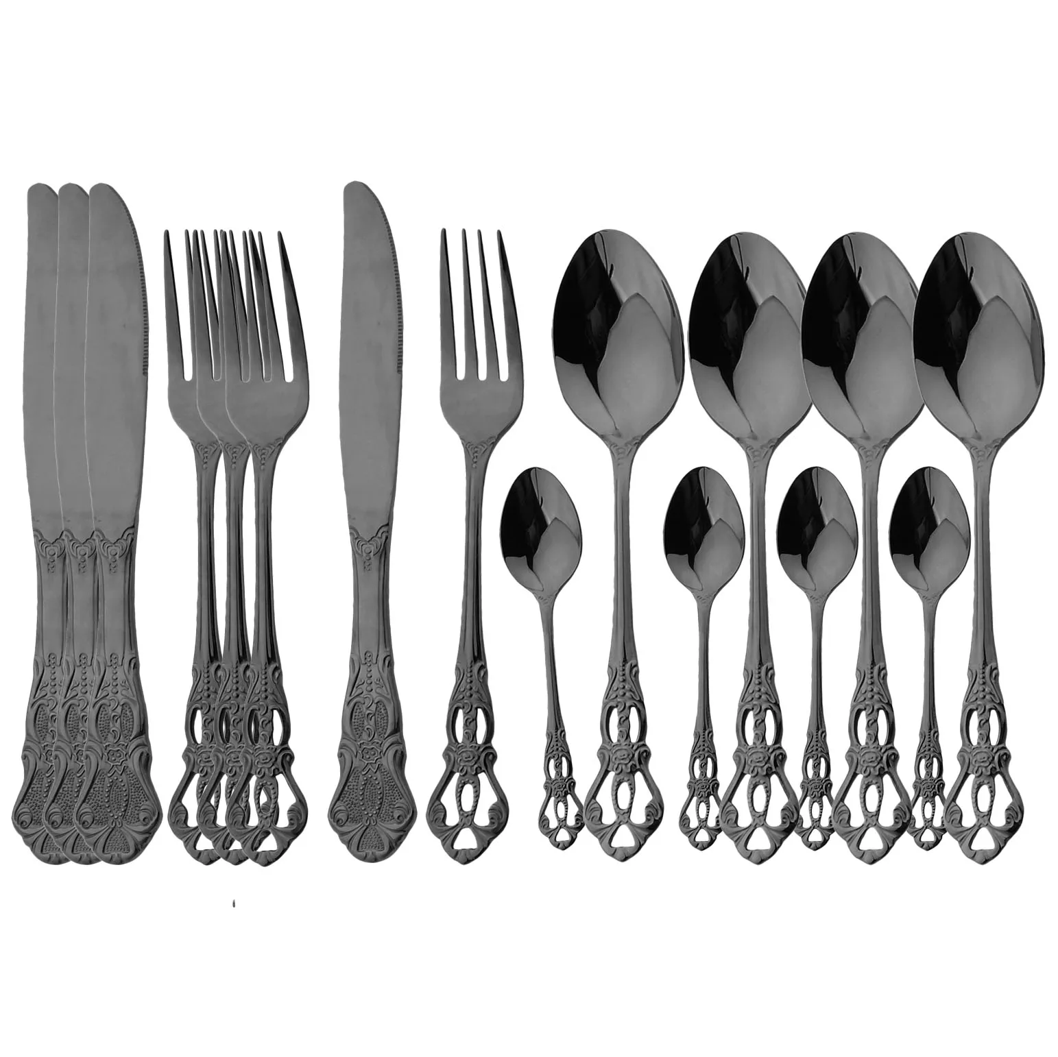 

16Pcs Cutlery Set Vintage Dinner Dinnerware Table Fork Knife Spoon Stainless Steel Tableware Black Flatware Sets Western Kitchen