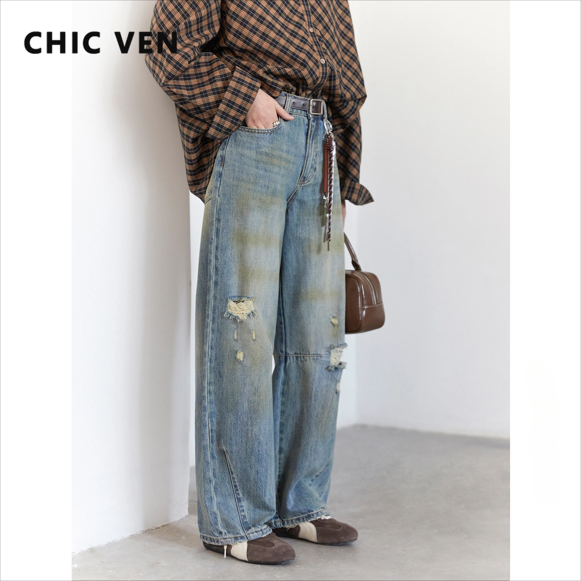 CHIC VEN Retro jeansy damskie luźne Casual nowe spodnie jeansowe z wysokim stanem i szerokimi nogawkami spodnie damskie wiosna jesień 2025